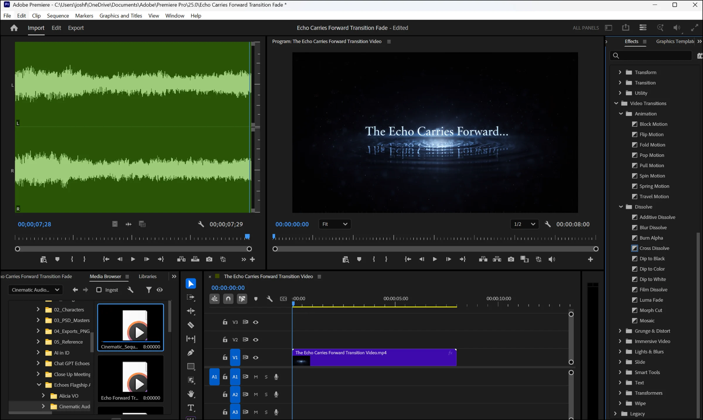 Adobe Premiere Pro editing timeline aligning an audio waveform with the transition video playback