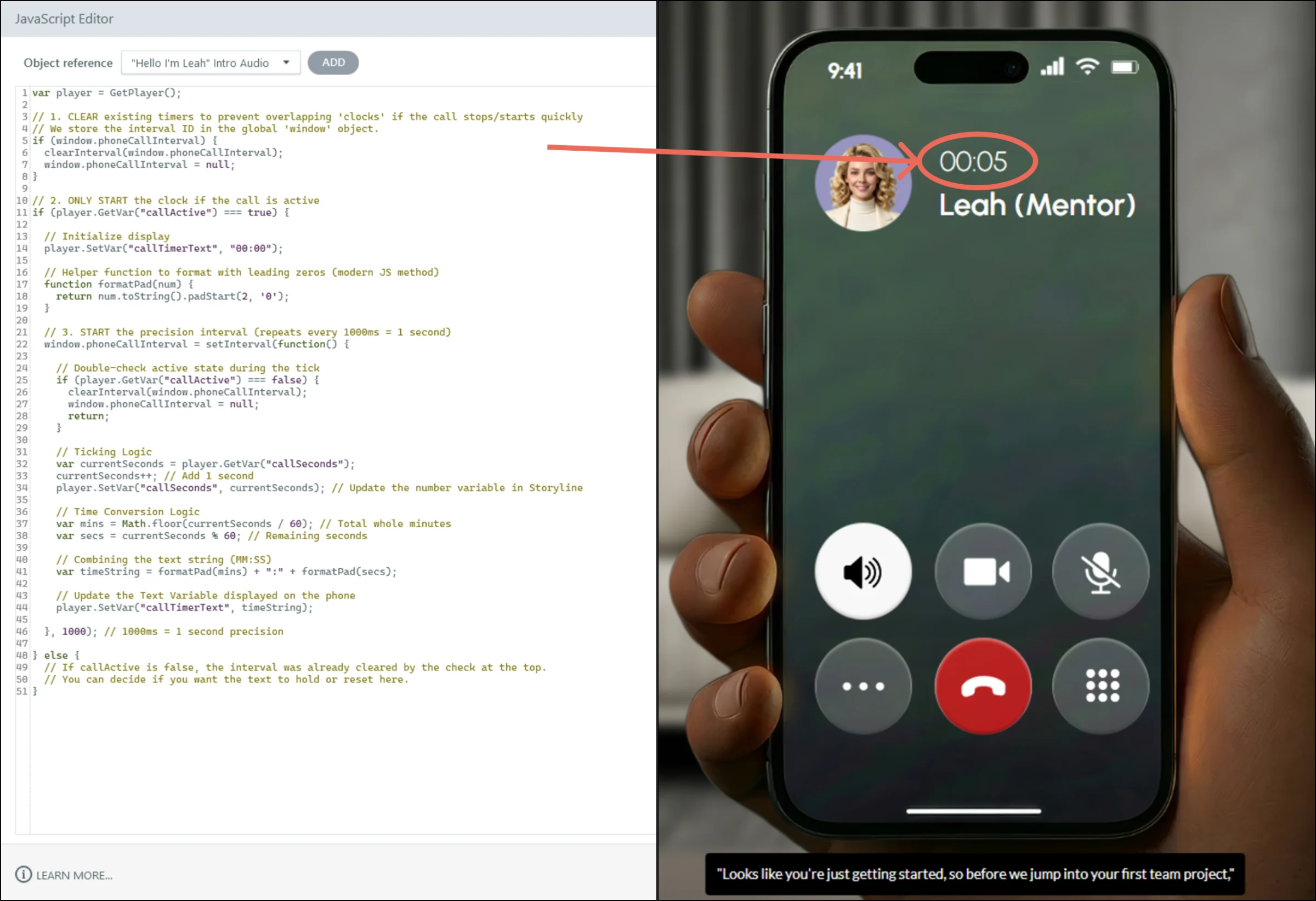 Storyline JavaScript editor driving a live call timer shown on a mentor phone-call mockup