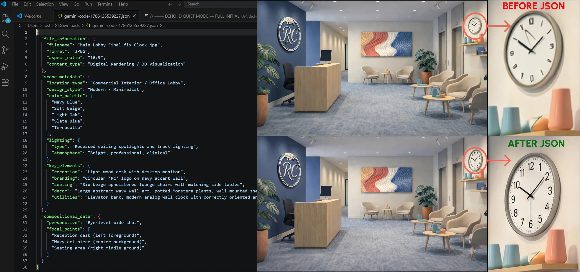 JSON scene description in a code editor beside before-and-after lobby renders where the wall clock is corrected