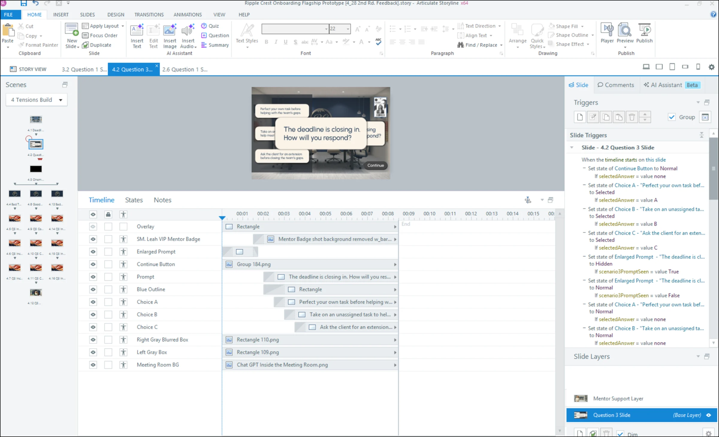 Articulate Storyline slide view with the Question 3 timeline and a detailed slide-trigger list setting choice and prompt states