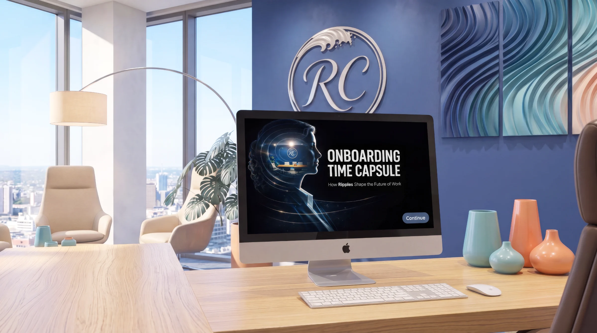 Onboarding Time Capsule title screen displayed on a desktop in the Ripple Crest office