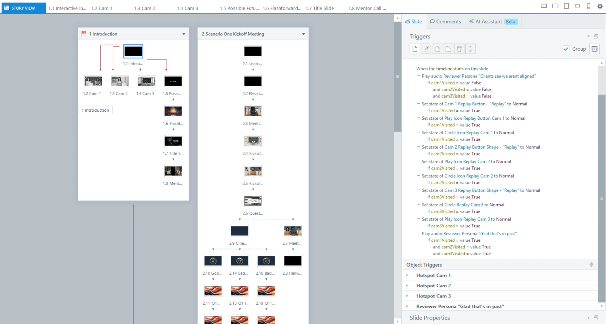 Storyline story view of the prototype: the introduction and Scenario One Kickoff Meeting scenes with branching slide paths, alongside the trigger panel listing conditional state and audio triggers