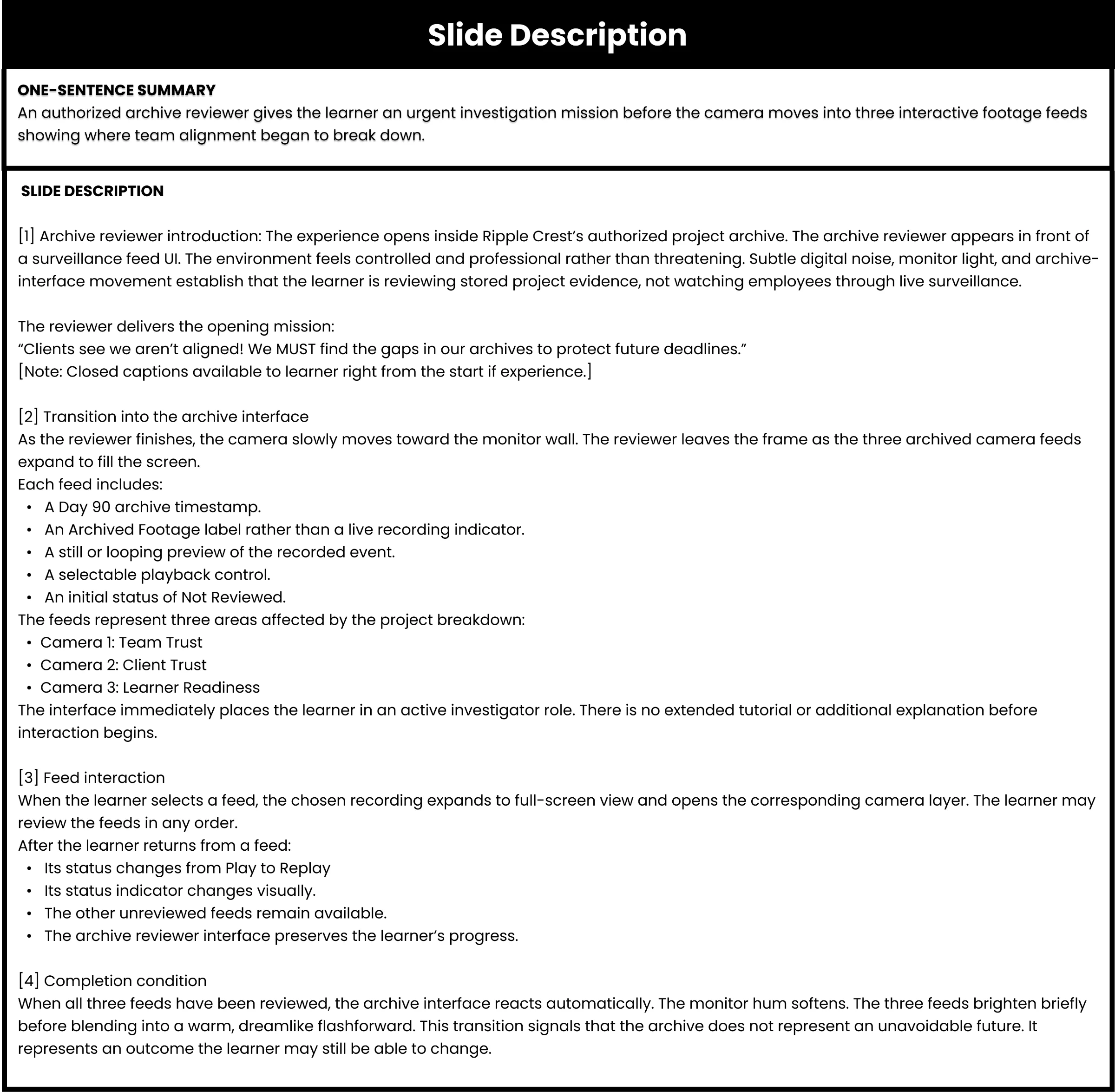 Slide description: archive reviewer introduction, transition into the archive interface, feed interaction, and completion condition