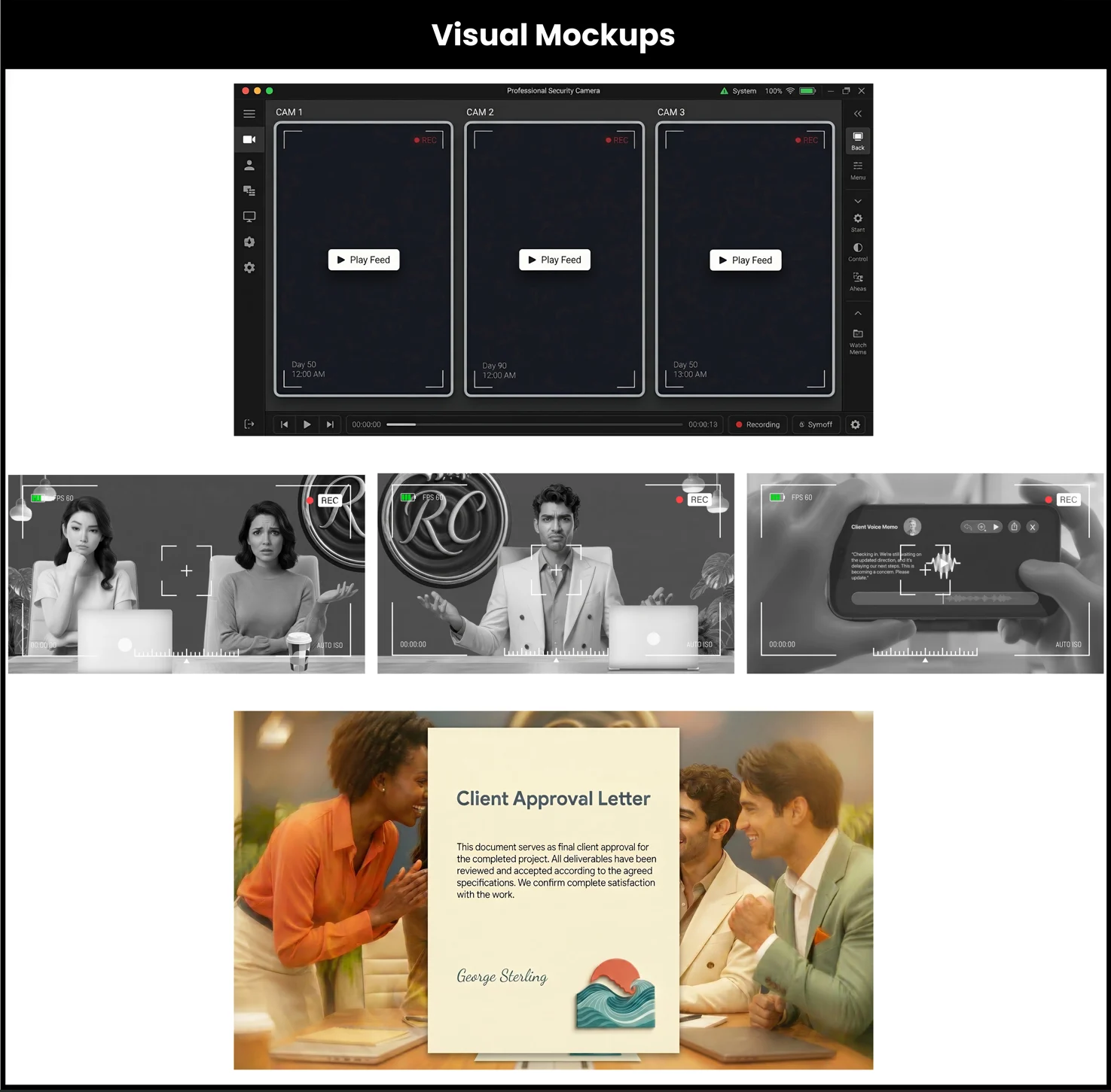Visual mockups: professional security-camera archive interface with three camera feeds, archived footage frames, and a client approval letter