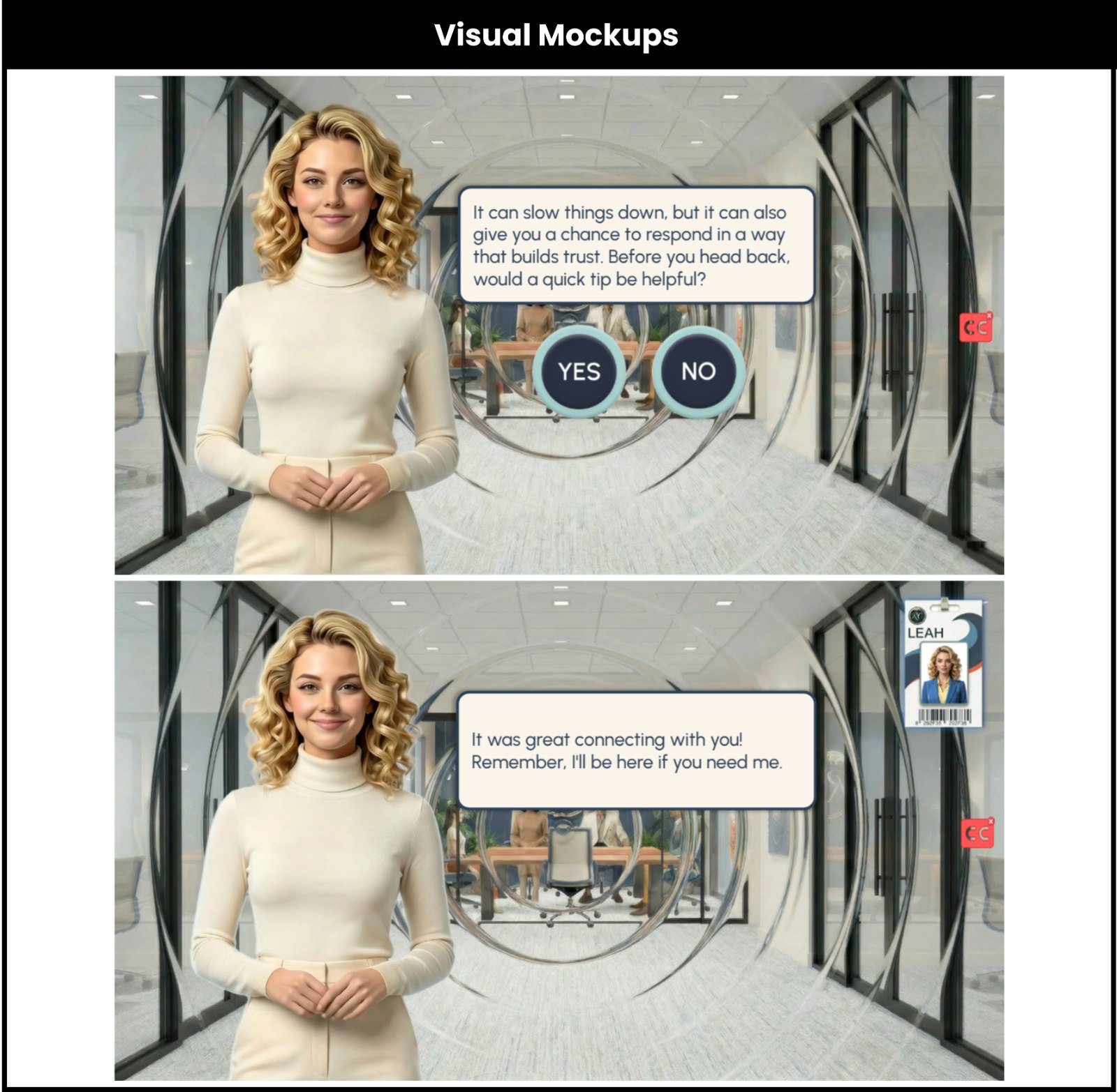 Visual mockups: mentor Leah in a hallway scene offering optional support with Yes and No response buttons and the mentor badge