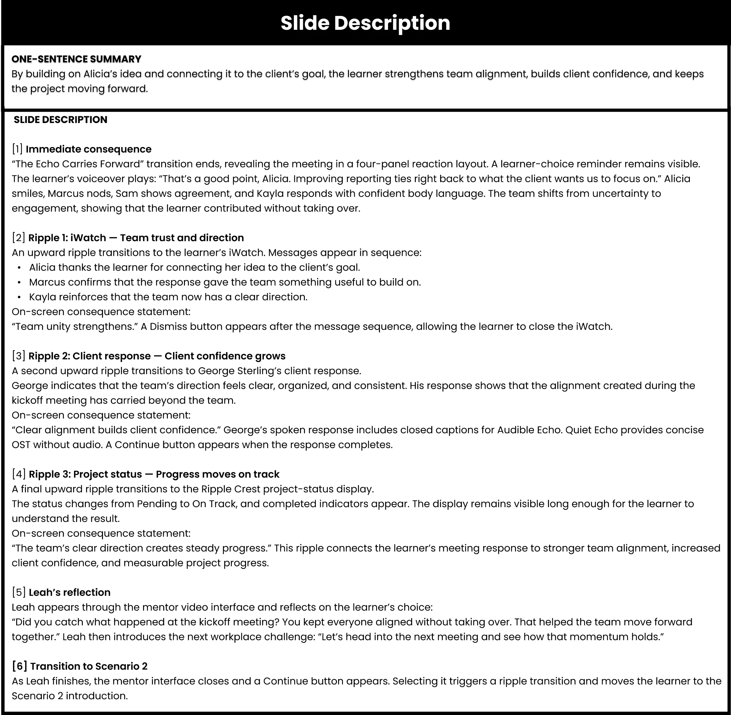 Slide description: the correct choice ripples through team trust, client confidence, and project status before Leah's reflection and the transition to Scenario 2