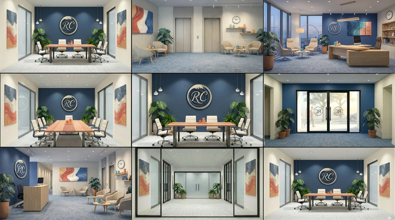 Grid of branded office environment renders showing consistent architecture, furnishings, and Ripple Crest branding