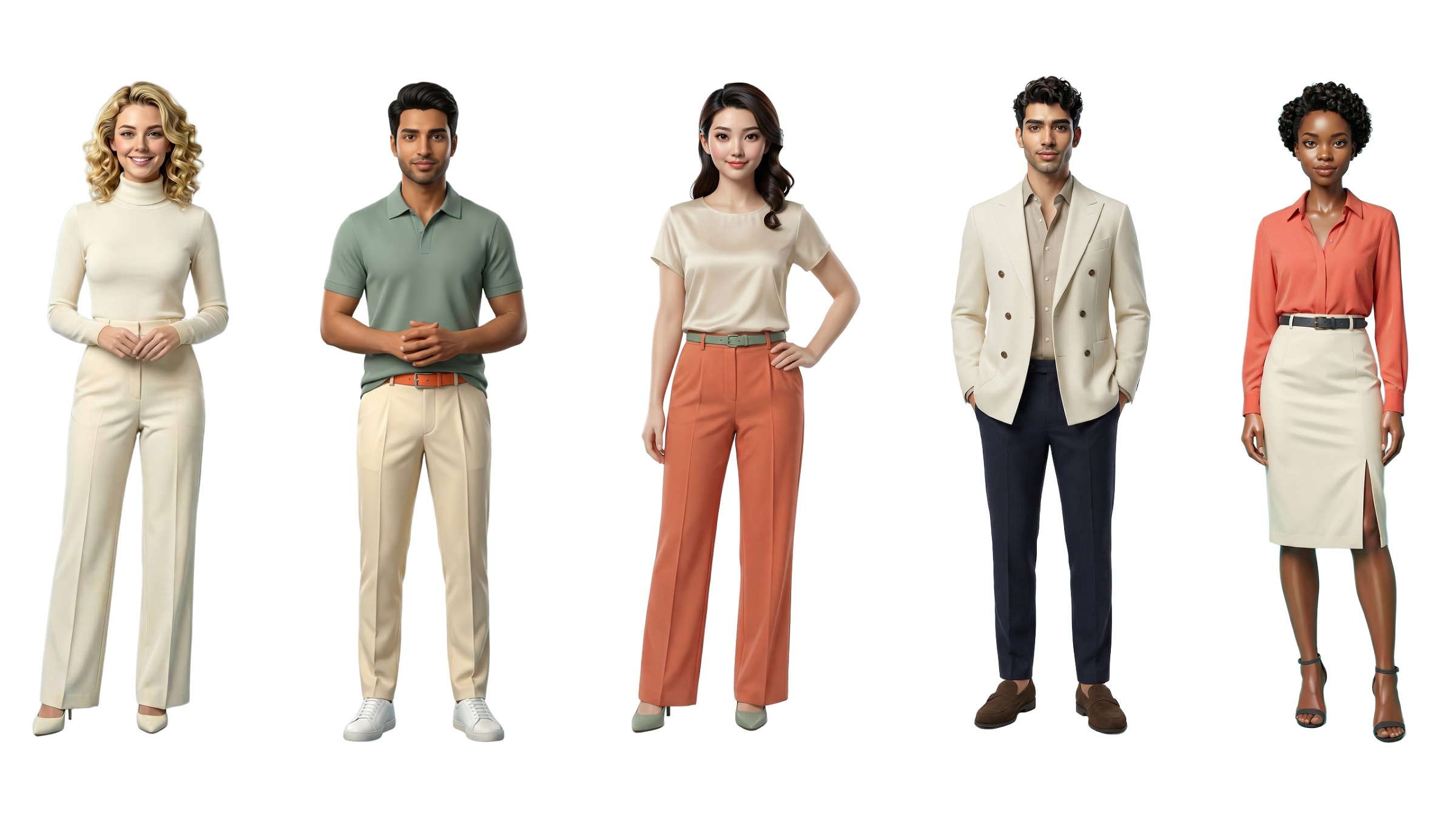 Lineup of five characters rendered in the selected 3D semirealistic style across varied wardrobe and workplace treatments
