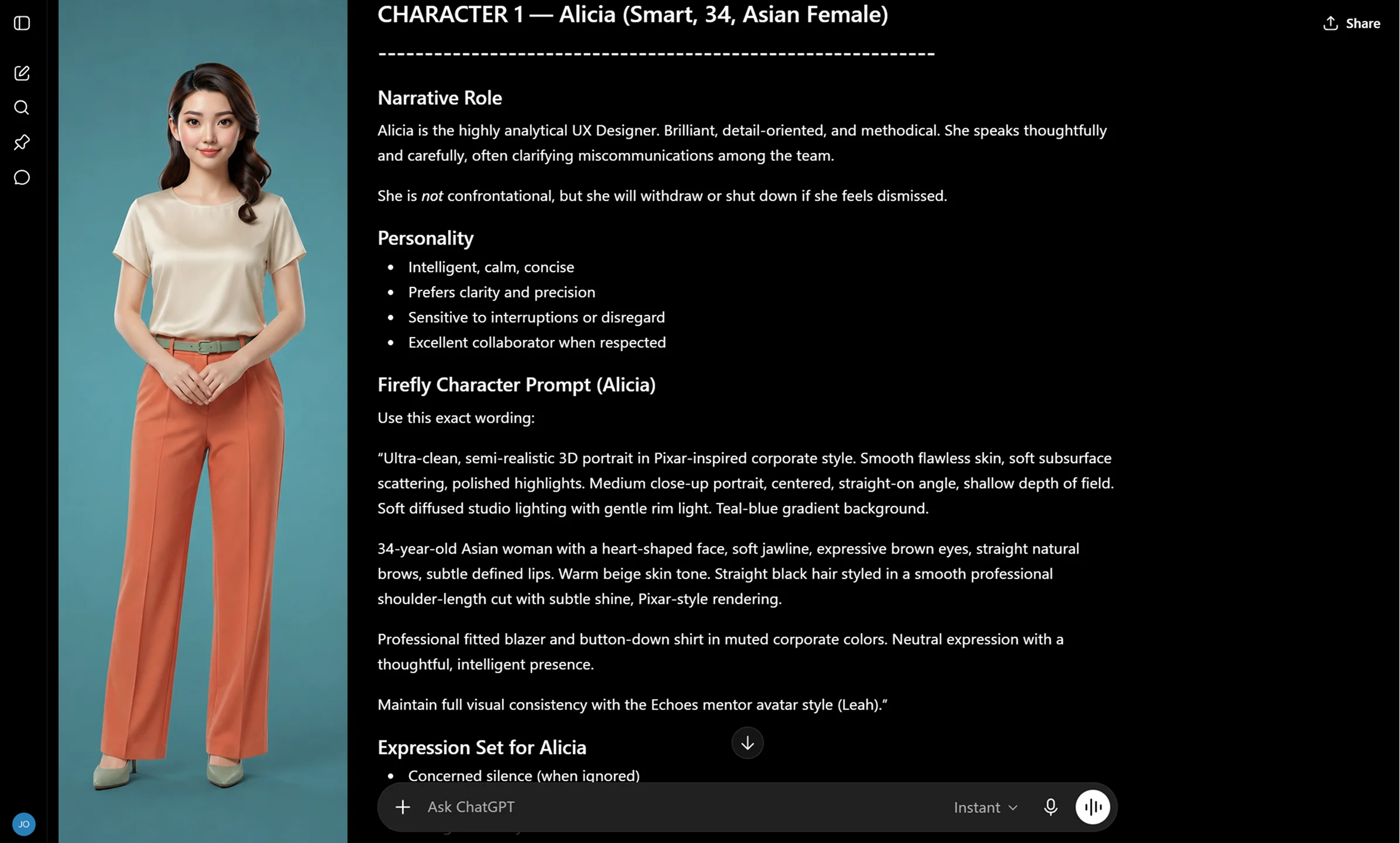 ChatGPT character brief defining Alicia's narrative role, personality, and the exact generation prompt used to create the source asset