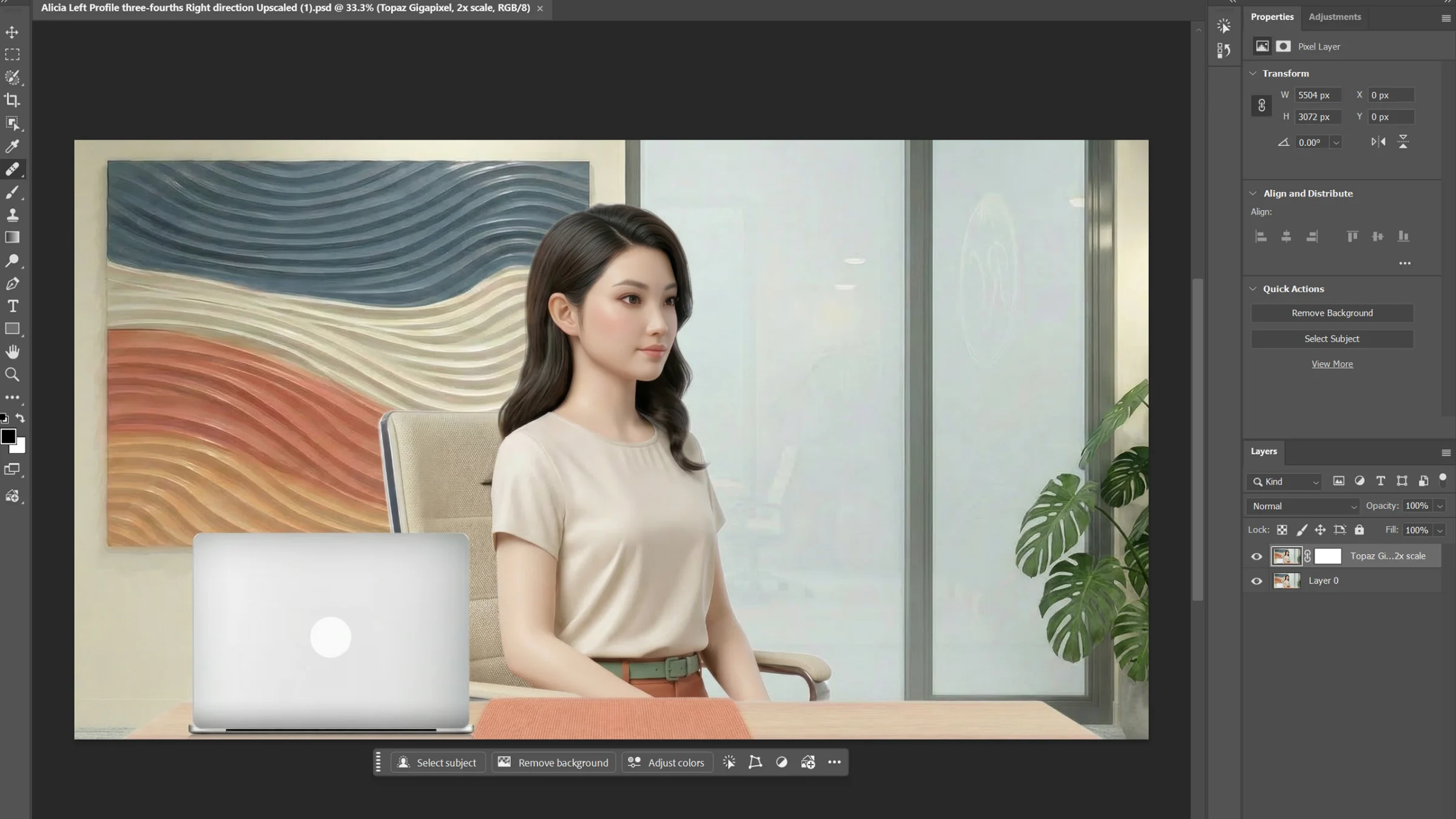 Photoshop showing the seated character isolated on a clean white background after background removal and upscaling