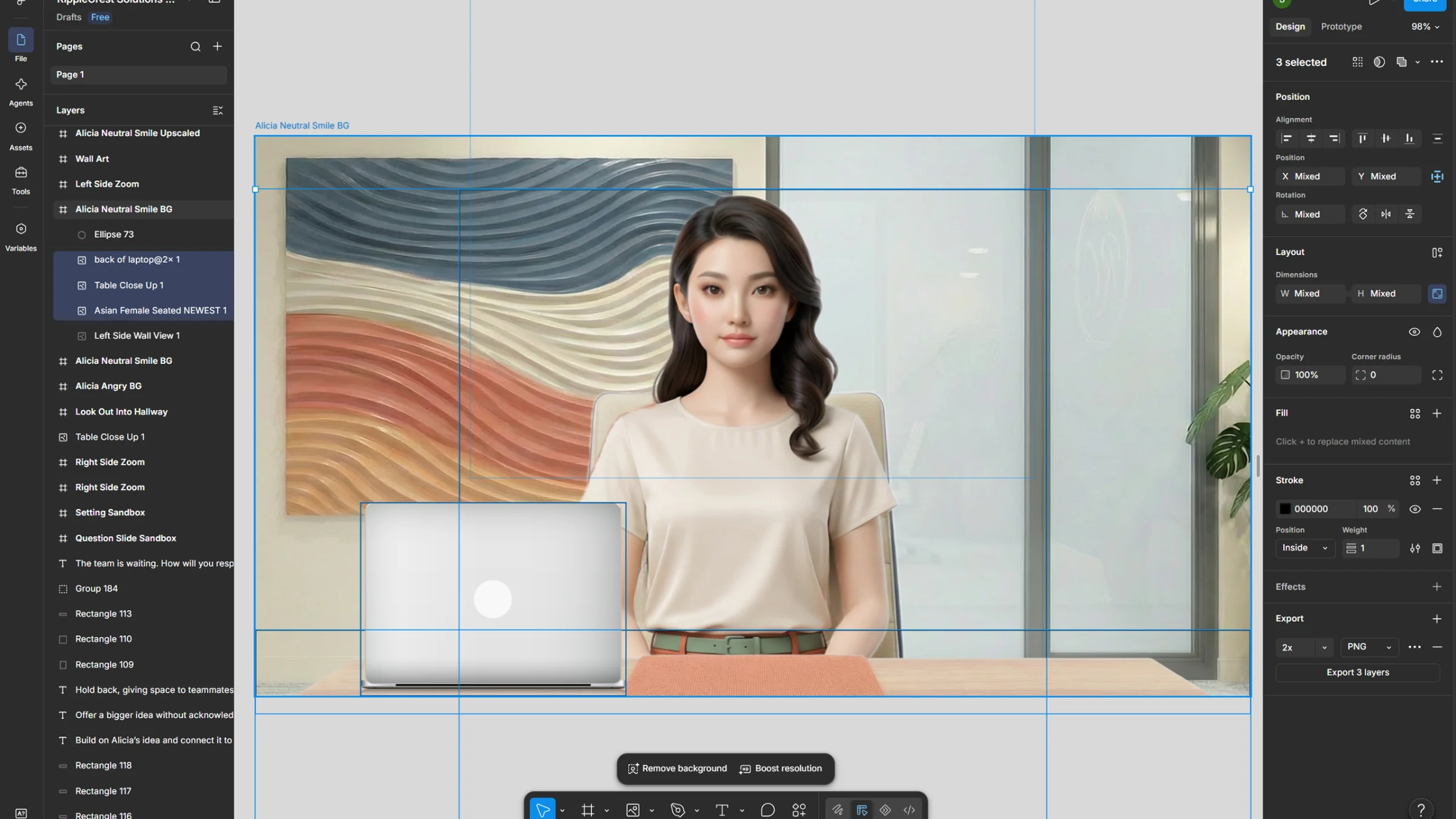 Figma canvas assembling the character, branded office environment, wall art, and laptop into a composed scene layout